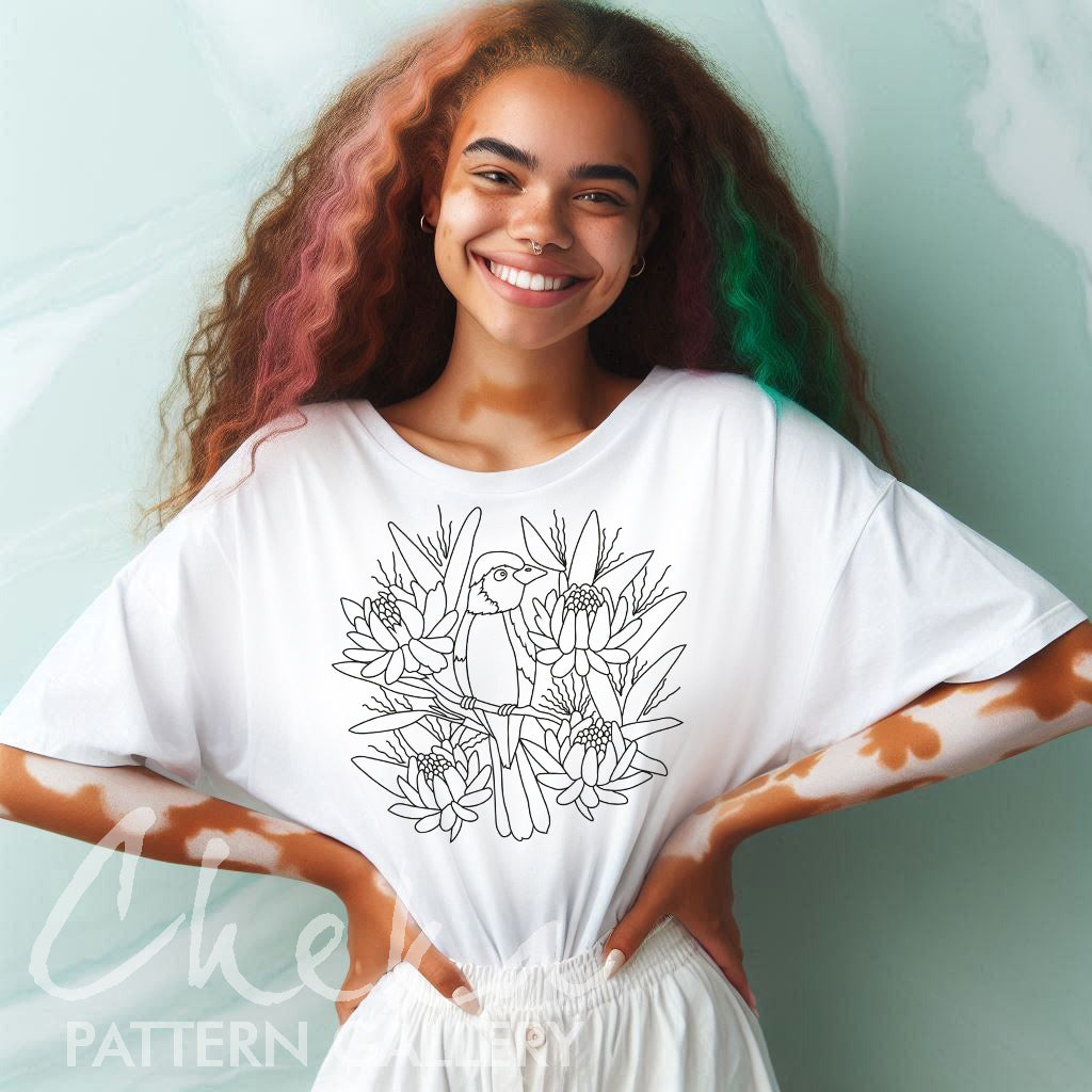 Bird embroidery pattern, Tiny Bird Hand Embroidery Pattern, PDF Download, Floral ornament, Modern Hoop Art. Bird among tropical flowers