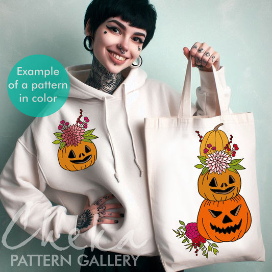 halloween bag, Pumpkins Hand Embroidery Pattern, Halloween embroidery pattern. Pumpkins Pattern, Pumpkin Design. Evil smiling pumpkins. Autumn embroidery