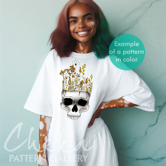 skull t-shirt, Embroidery scheme with skull, Skull pattern with wildflowers, digital pattern for hand embroidery. Bouquet of wild flowers. Embroidery scheme with skull, home wall decor