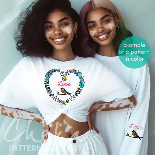 Floral embroidery pattern. Flower heart pattern, digital download. Summer love, Hand embroidery pattern PDF. Birds and flowers blueprint