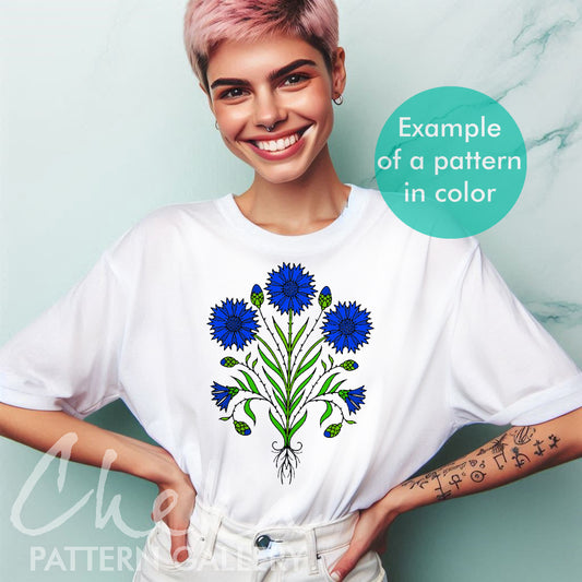 cornflower t-shirt, Blue Cornflower, embroidery pattern. Decorative embroidery cornflower pattern. A pattern for decoration in a rural style, hand embroidery.