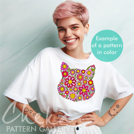 Cat floral embroidery pattern, Cat flower portrait, Embroidery blueprint, Modern Cat Embroidery. Cat lover gift, Beginner embroidery PDF
