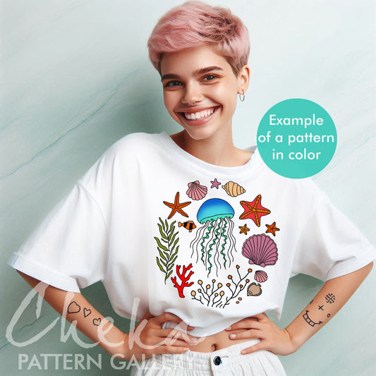 Jellyfish Embroidery pattern, Ocean Embroidery Design, Marine Jellyfish Needlepoint Pattern, Beach Lover, Summer Embroidery, PDF Template