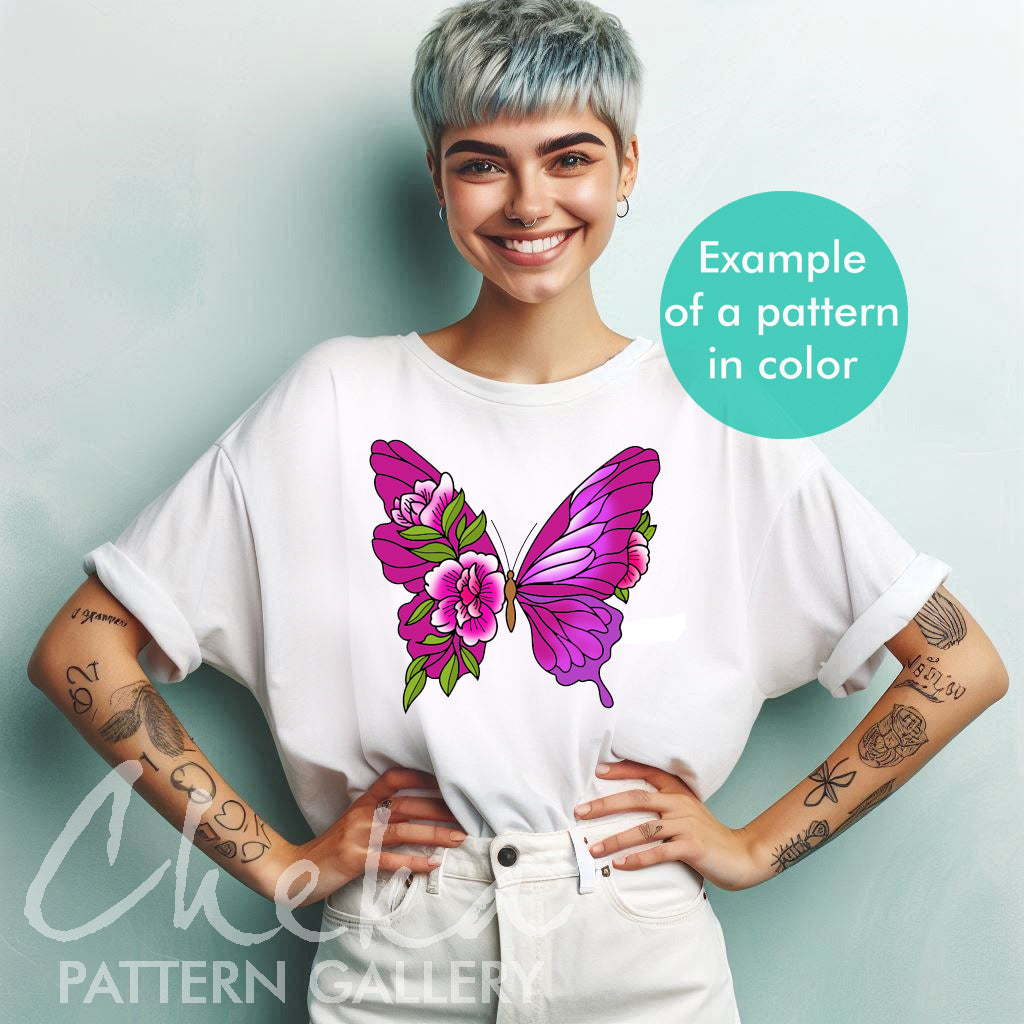 woman shirt butterfly, Butterfly embroidery pattern, embroidery pattern on clothes. Butterfly with flowers, hand embroidery pattern. Butterfly Female Embroidery