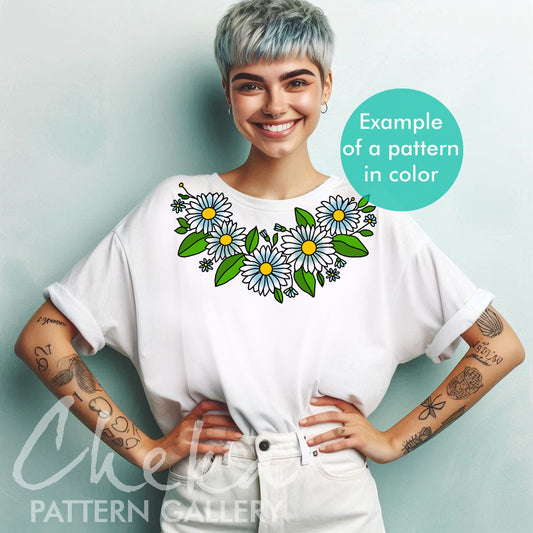 Daisies embroidery pattern. Chamomile meadow embroidery pattern, wildflower embroidery pattern, botanical embroidery pattern, Daisies wreath