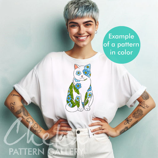 Cat with flowers Hand embroidery pattern, Cat portrait, Embroidery blueprint, Flower cat. Cat lover gift, Beginner embroidery pattern PDF