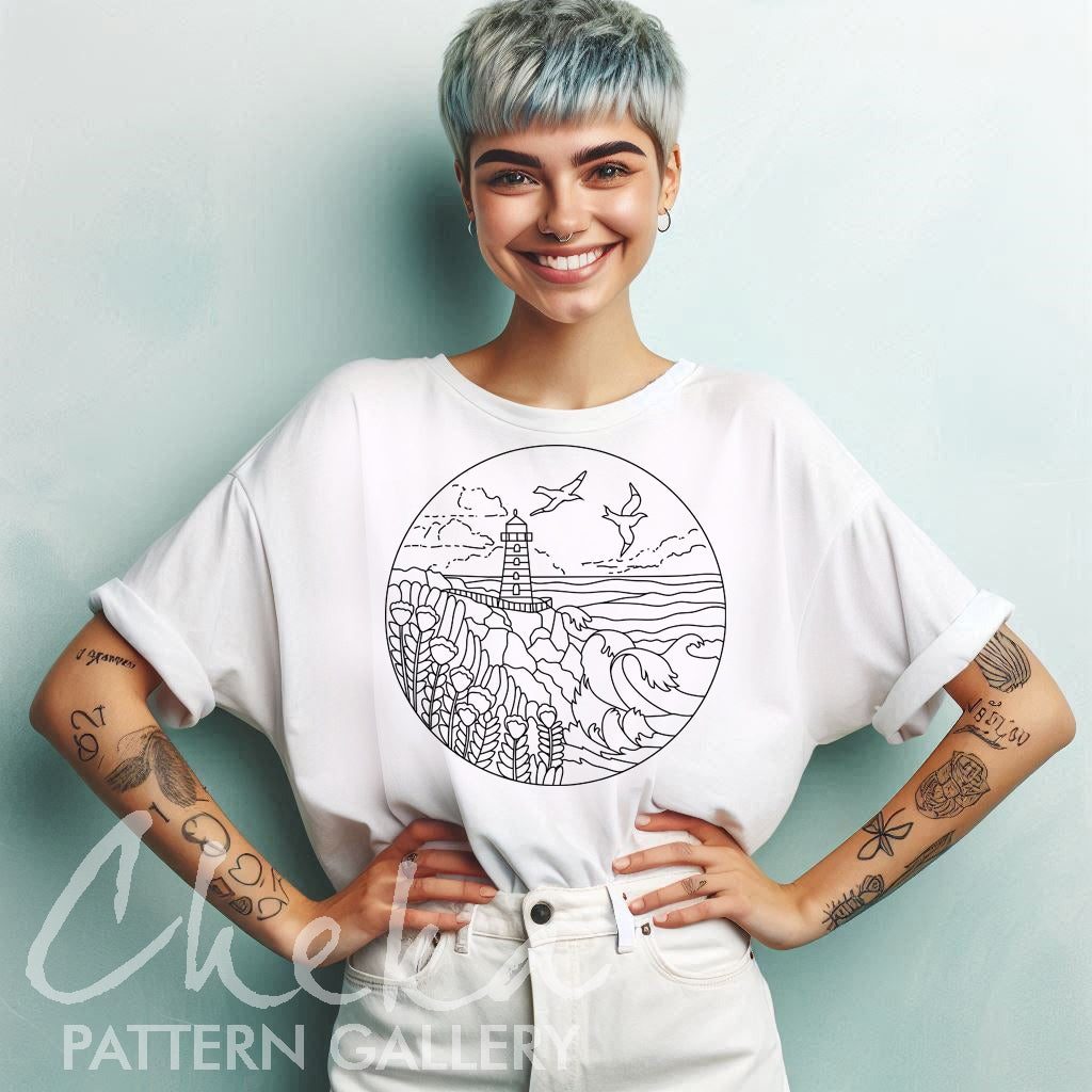 Lighthouse embroidery pattern, pdf embroidery pattern, Modern Sea Art, Home Decor, Summer Landscape, Ocean Waves, Coastal Decor,Summer Craft
