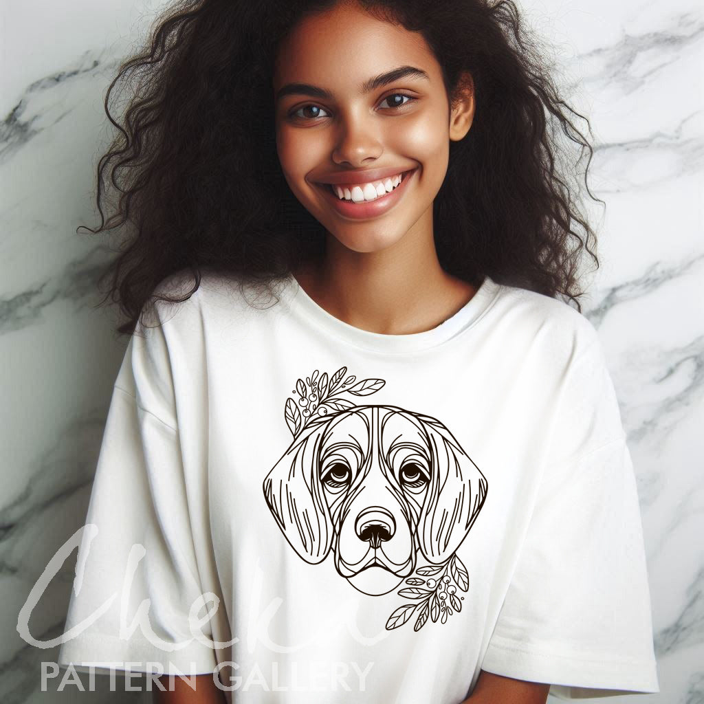 Beagle portrait, digital pet portrait, Embroidery scheme with a Beagle, dog embroidery template, floral embroidery design, Dogs lover gift, beagle portrait t-shirt