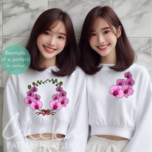 Orchids, decorative pattern for hand embroidery. Stylized Orchid flower. Pink Orchids Blueprint PDF. Botanical embroidery. Modern Hoop Art