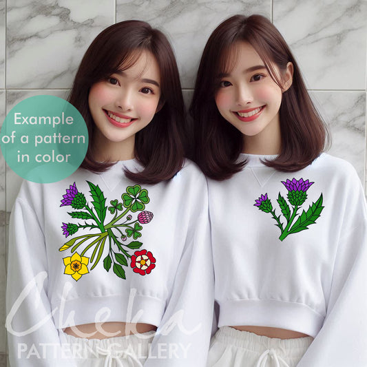 Symbols of England: the rose, daffodil, clover, thistle. United Kingdom Symbols. Hand embroidery pattern PDF. Hoop Art