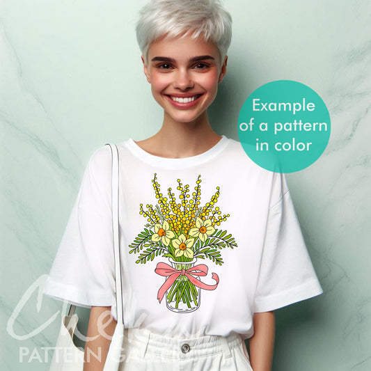 Mimosa and daffodils, Spring embroidery pattern, Easter flowers. Hand embroidery pattern, Spring bouquet. Easter embroidery template PDF