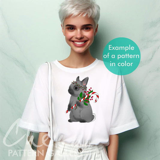 Christmas Rabbit, Winter Bunny Hand Embroidery Pattern, Rabbit with Holly, Christmas Rabbit. Cute handmade winter embroidery project