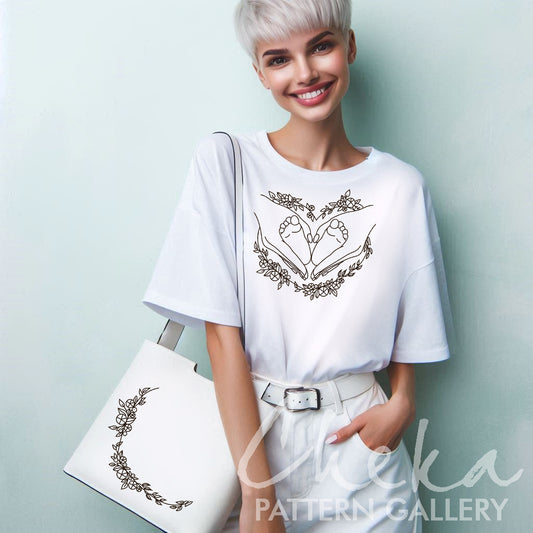 pregnancy t-shirt, Pregnancy hoop art, a pattern for hand embroidery with baby's feet. Baby's feet, beautiful pattern for hand embroidery. Baby heart pattern