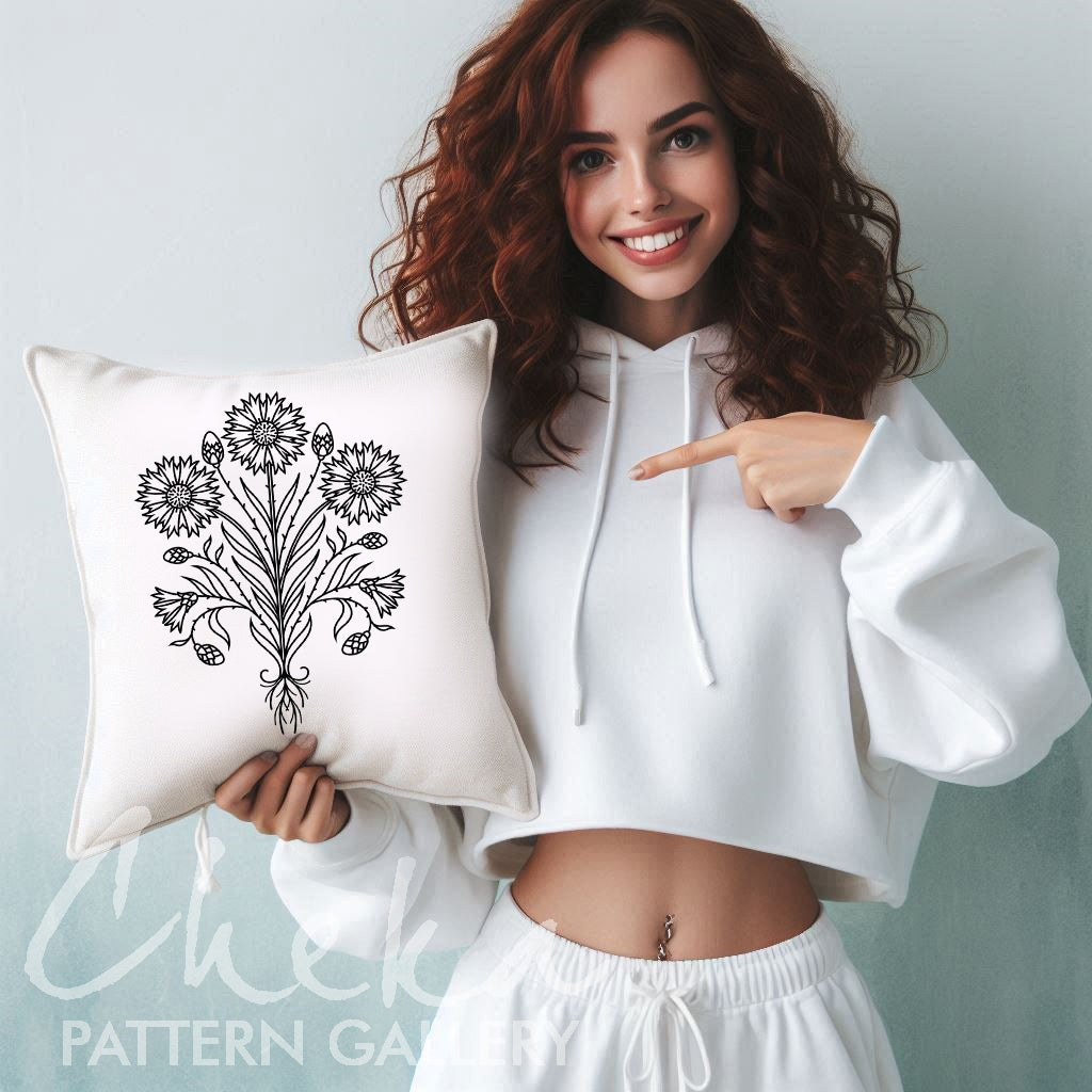 cottage style pillow, Blue Cornflower, embroidery pattern. Decorative embroidery cornflower pattern. A pattern for decoration in a rural style, hand embroidery.
