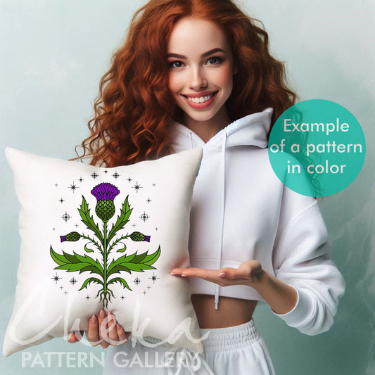 pillow pattern, Thistle, a pattern for hand embroidery. Traditional Scottish Crest. Thistle flower with bud, botanical embroidery. Modern Hoop Art, Thistle