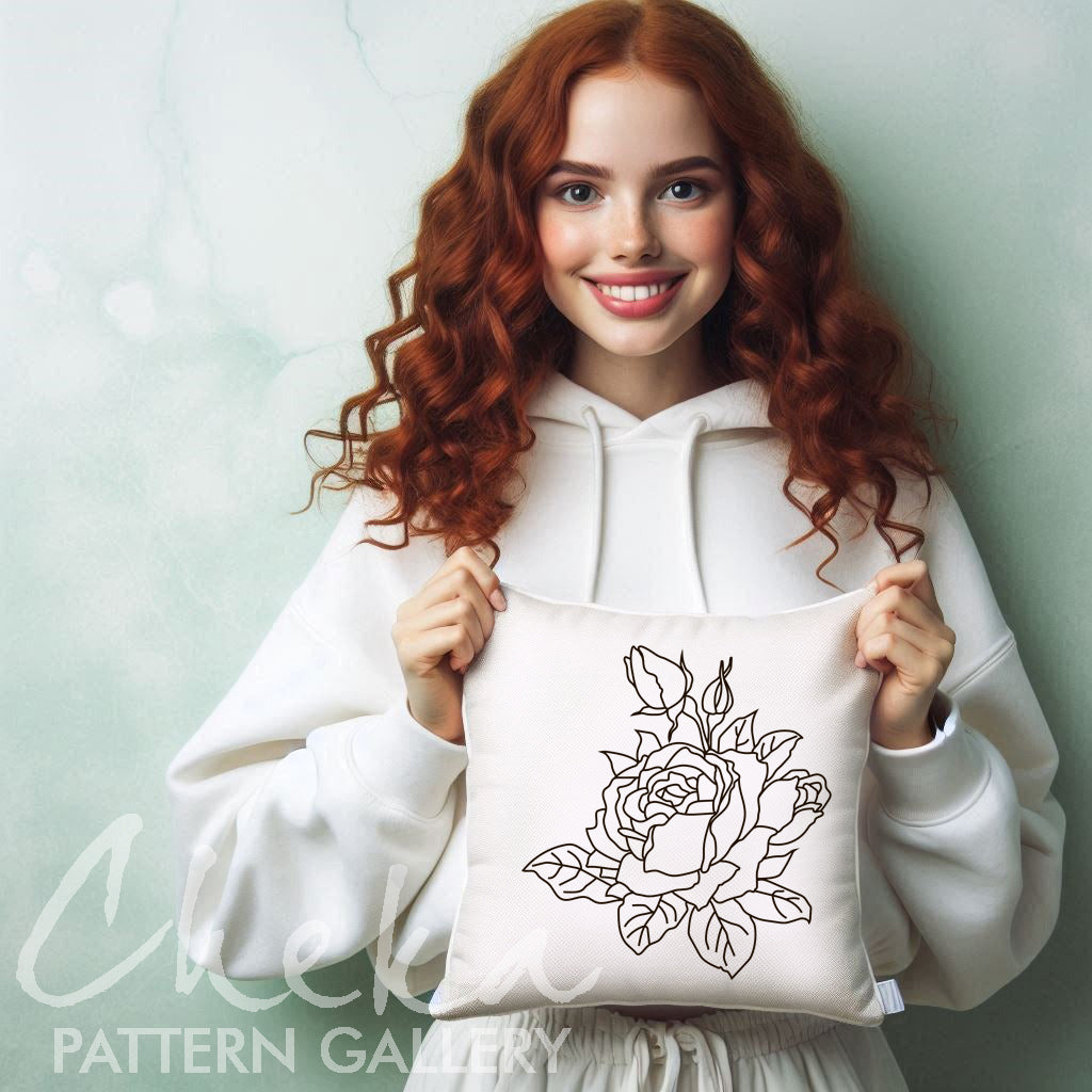 roses pillowcase, Big rose pattern, digital pattern for hand embroidery. Large rose flower. Floral Embroidery Pattern, floral sewing pattern