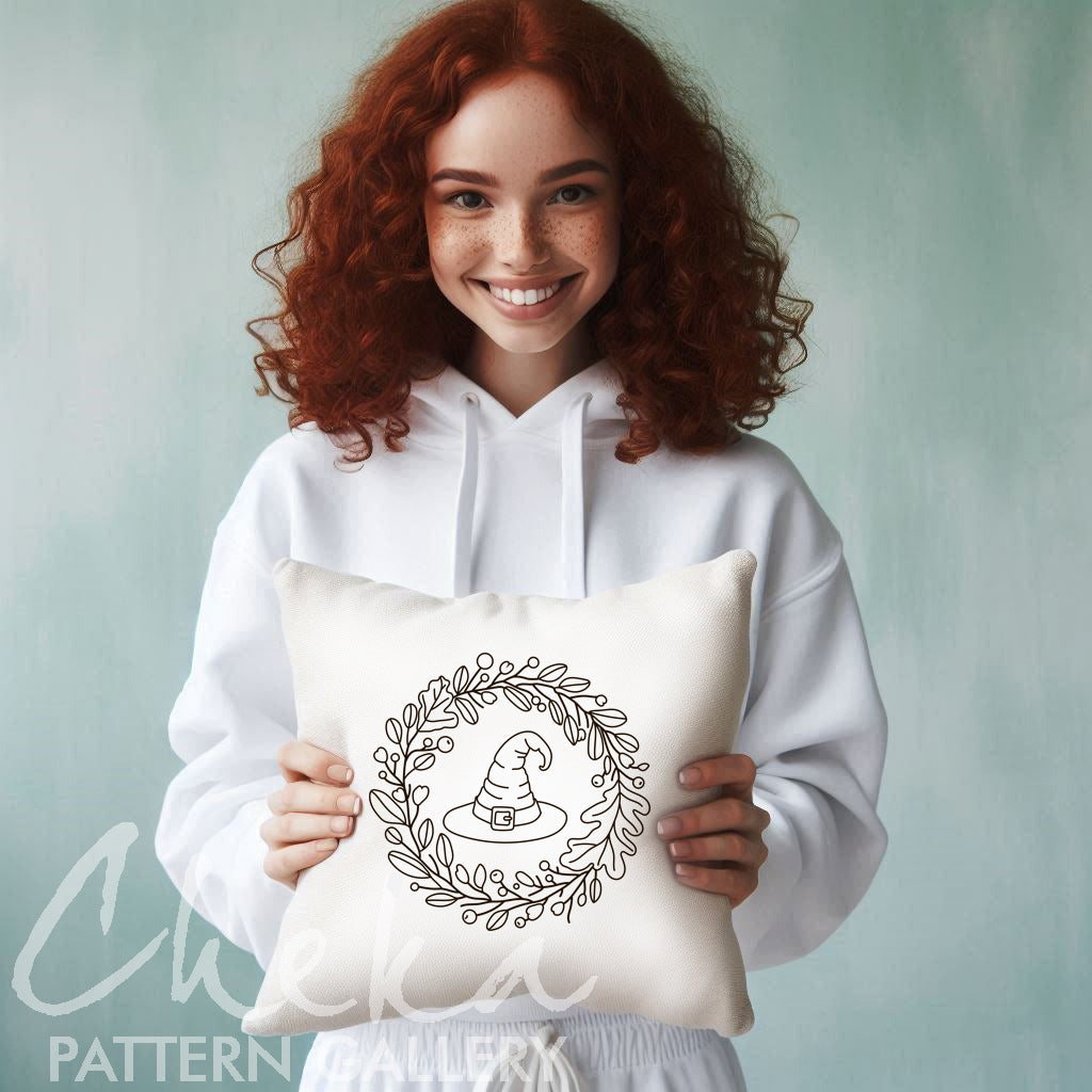 halloween pillow case, Autumn Embroidery Patterns, Fall Halloween Embroidery Pattern. Witch hat pattern, Halloween embroidery. Fall wreath, hand embroidery pattern