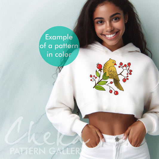 woman hoodie, Floral embroidery pattern PDF, Flower point embroidery design, Digital embroidery scheme with birds, Flower bouquet, Hand embroidery bird