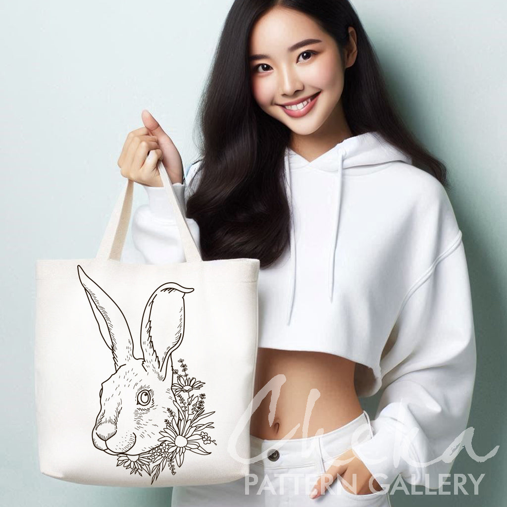 daisies shopper, Hare portrait with flowers. Hand embroidery Pattern with hare and wildflowers. Digital template for hand embroidery,embroidery pattern PDF