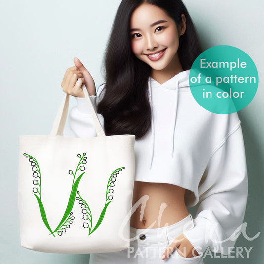 shopper, Floral Alphabet, Lilies of the valley, pattern with spring flowers. Set of letters for hand embroidery. Floral Monogram Lilies of the valley