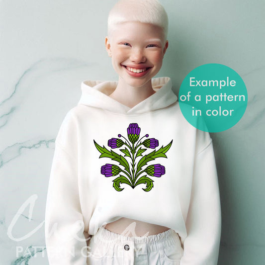 thistle hoodie, Thistle, decorative pattern for hand embroidery. Stylized Thistle flower, Traditional Scottish Crest. Botanical embroidery. Modern Hoop Art