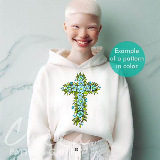 woman catholic pattern hoodie, Floral Cross, Embroidery Pattern, Christian Hand Embroidery, Catholic Religious Floral Cross, Christian Hand Embroidery. Handmade gift