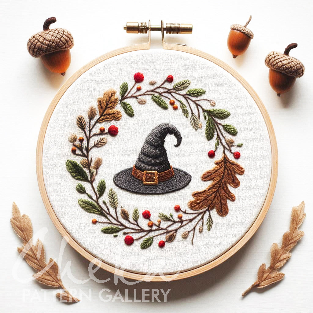Autumn Embroidery Patterns, Fall Halloween Embroidery Pattern. Witch hat pattern, Halloween embroidery. Fall wreath, hand embroidery pattern