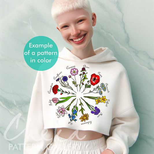 floral hoodie, Phenology Wheel, Birth Month Flowers, Embroidery Template, 12 stitch flowers, modern Hoop Art Pattern, Botanical embroidery, hand embroidery