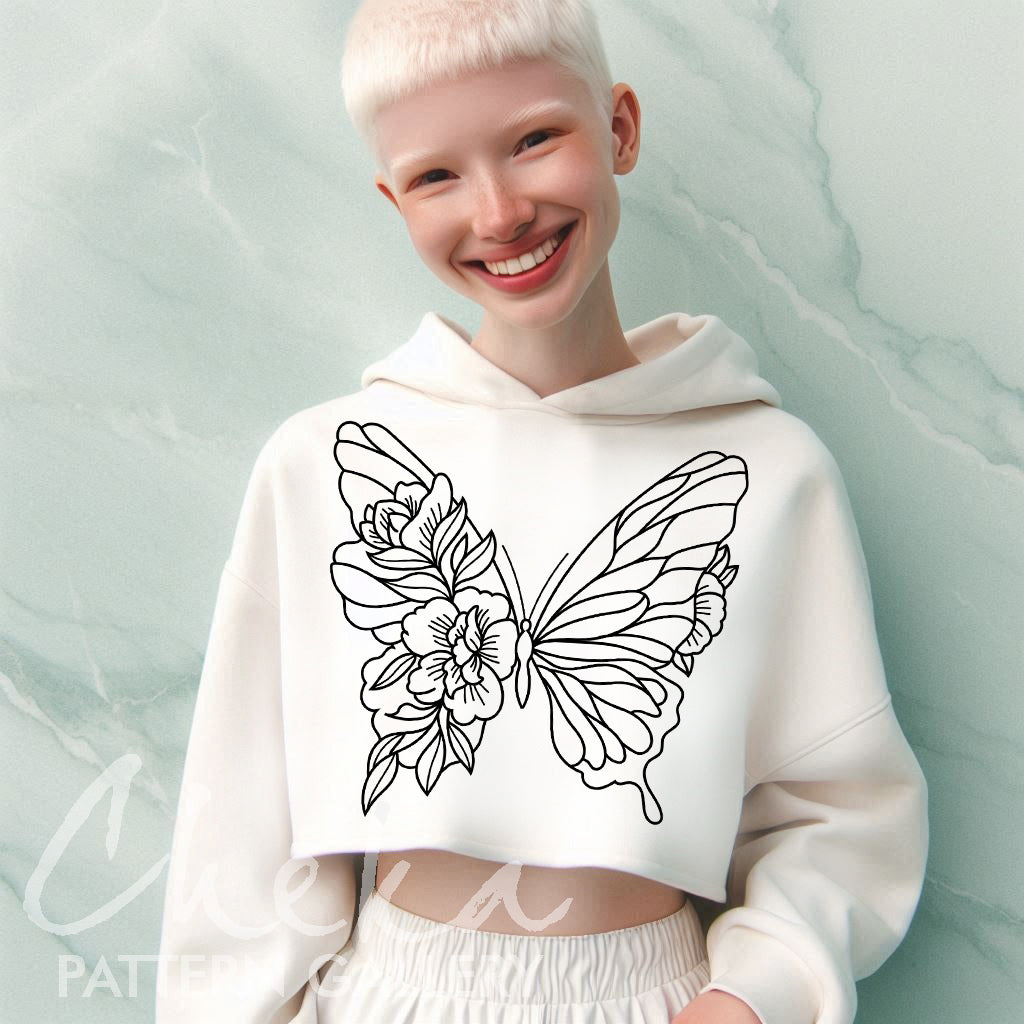 woman hoodie butterfly, Butterfly embroidery pattern, embroidery pattern on clothes. Butterfly with flowers, hand embroidery pattern. Butterfly Female Embroidery