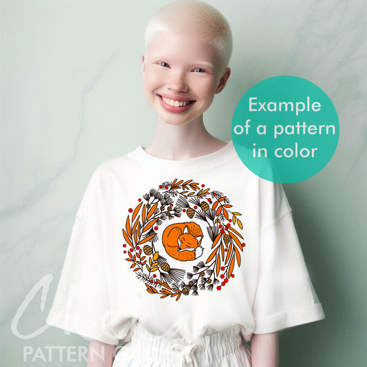 tshirt fox print, Sleeping Fox, hand embroidery pattern. Autumn embroidery, sleeping fox pattern. Sleeping Fox pdf embroidery template, Woodland Animal