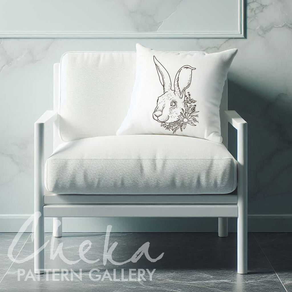 pillow hare, Hare portrait with flowers. Hand embroidery Pattern with hare and wildflowers. Digital template for hand embroidery,embroidery pattern PDF