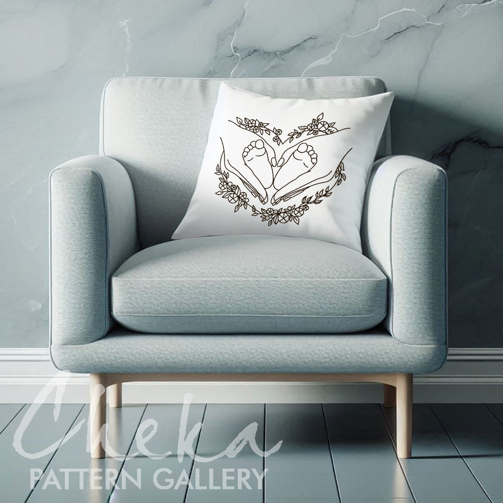 pillow case, Pregnancy hoop art, a pattern for hand embroidery with baby's feet. Baby's feet, beautiful pattern for hand embroidery. Baby heart pattern