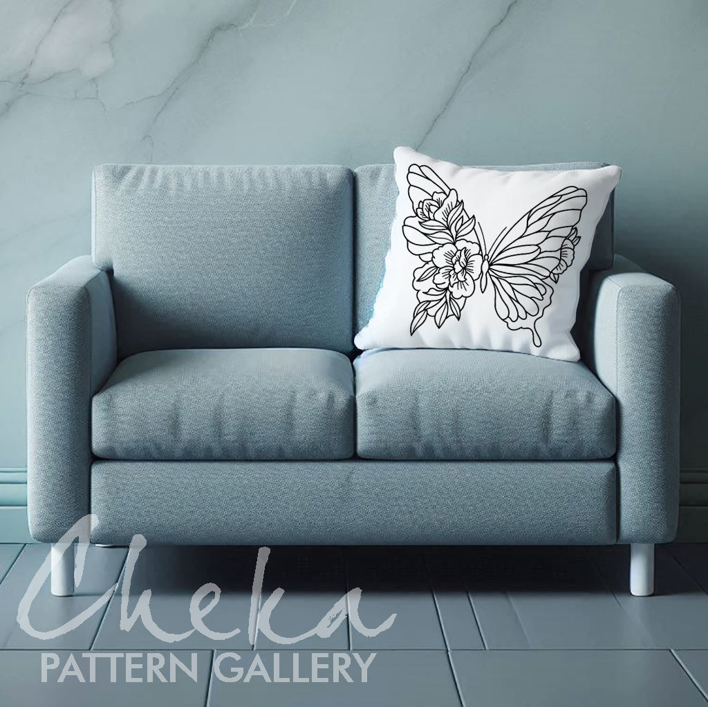 butterfly pillow, Butterfly embroidery pattern, embroidery pattern on clothes. Butterfly with flowers, hand embroidery pattern. Butterfly Female Embroidery