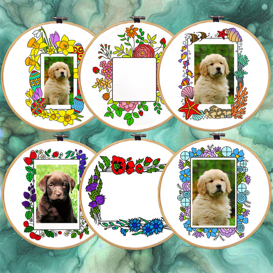 Photo Frames Embroidery bundle, set of 6 floral hand embroidery patterns. Embroidery Frame patterns with flowers, shells and berries