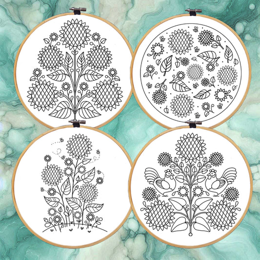Sunflower Embroidery bundle, set of 4 floral hand embroidery patterns. Embroidery patterns with sunflowers. Digital embroidery bundle