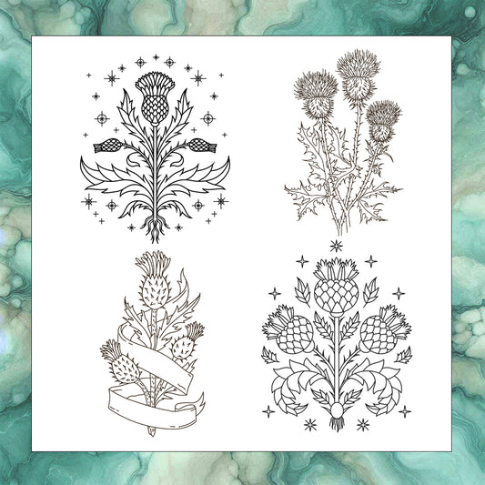 Set of four black thistle illustrations on a white background with a teal and gray marbled border.