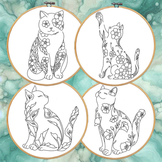 Cats, Hand embroidery pattern, Cat portrait, Flower cats. Hand Embroidery bundle, Cat lover gift, Beginner pattern PDF, embroidery set