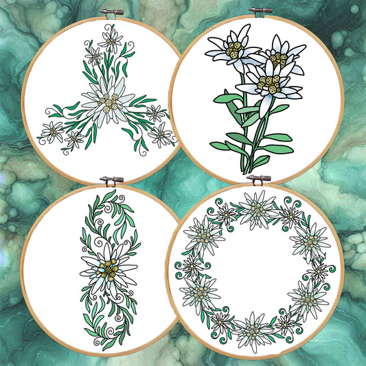 Edelweiss, set of 4 hand embroidery patterns. Edelweiss design, white mountain flower. Botanical embroidery. Austrian Folk embroidery designs