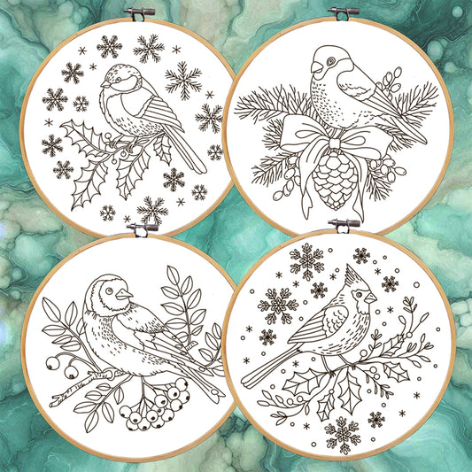 Winter Birds Embroidery bundle, set of 4 hand embroidery patterns. PDF Embroidery patterns with cardinal, titmouse, goldfinch and bullfinch