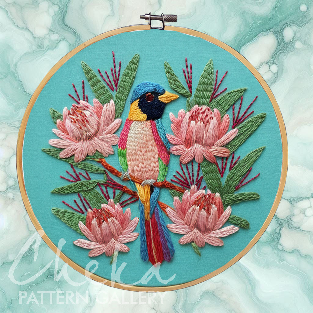 Bird embroidery pattern, Tiny Bird Hand Embroidery Pattern, PDF Download, Floral ornament, Modern Hoop Art. Bird among tropical flowers