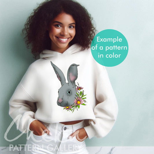 bunny hoodie, Hare portrait with flowers. Hand embroidery Pattern with hare and wildflowers. Digital template for hand embroidery,embroidery pattern PDF