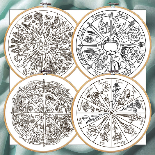 Calendar Embroidery bundle, Phenology Wheel, Set of 4 hand embroidery patterns. PDF Embroidery calendar. Yule, Mabon, Samhain, Ostra, Imbolc