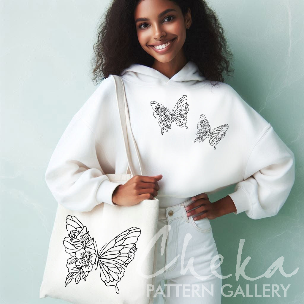 butterfly shopper, Butterfly embroidery pattern, embroidery pattern on clothes. Butterfly with flowers, hand embroidery pattern. Butterfly Female Embroidery