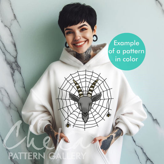 gothic hoodie, Halloween embroidery, horned goat, Gothic pattern for hand embroidery, digital embroidery pattern. Goat's head with a web, witch embroidery