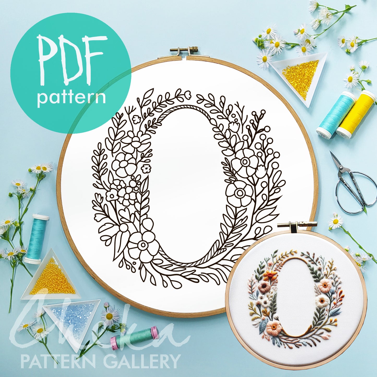 Floral monogram.  Floral letter embroidery. Floral alphabet embroidery, letter embroidery pattern. Hoop art, The letter "O" digital pattern