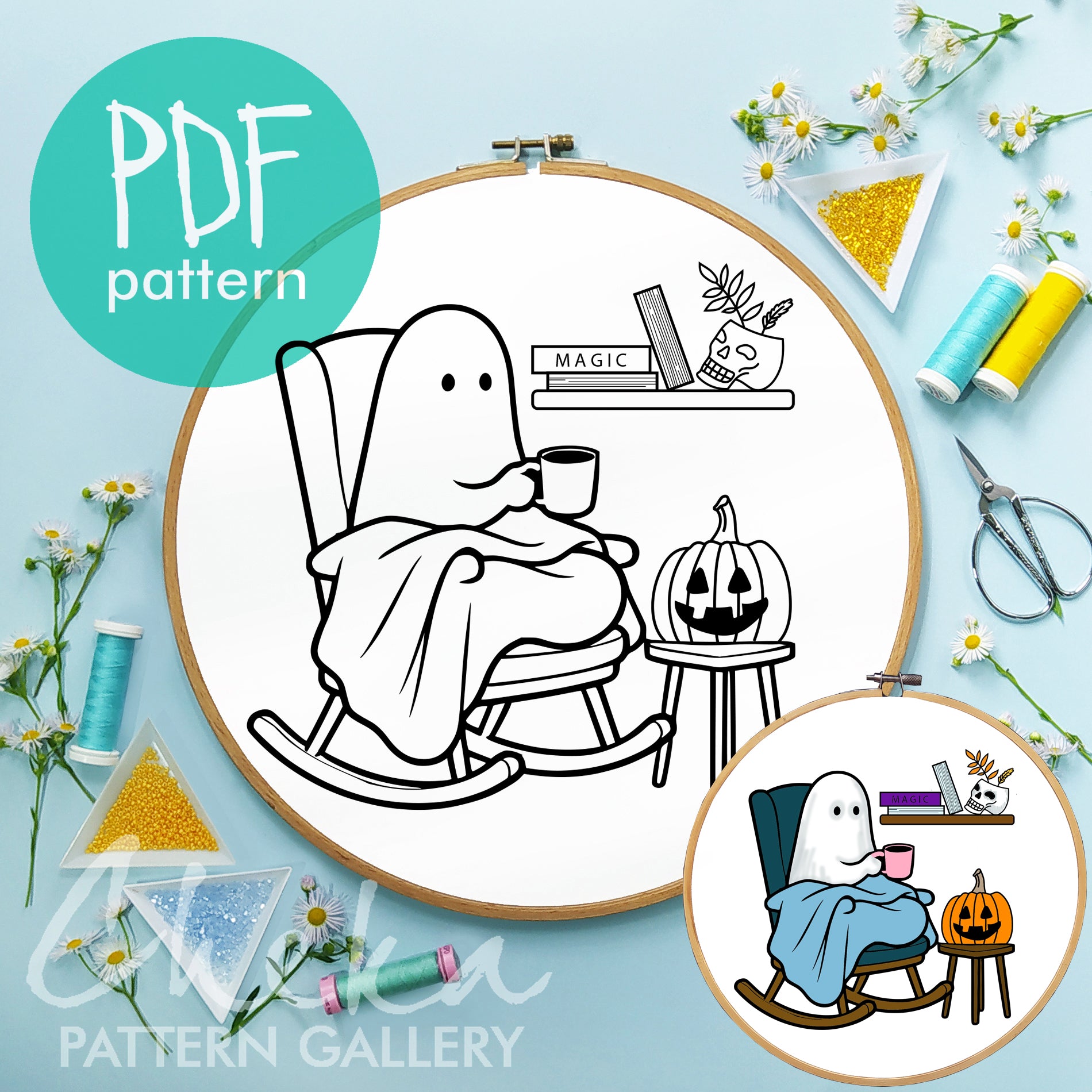 Halloween Embroidery Pattern, Cute Ghost. Trick Or Treat Embroidery. Halloween scary embroidery, PDF Digital Download