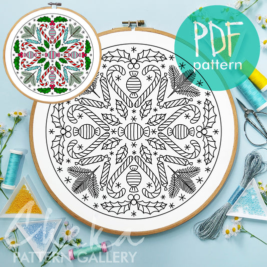 Winter Embroidery Pattern. Snowflake, candies and holly hand embroidery pattern, Christmas embroidery pattern. Winter Hand Embroidery Design