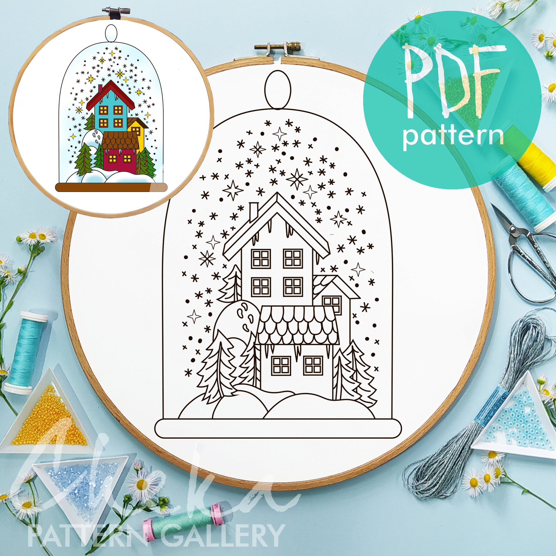 Christmas embroidery pattern, Holiday Village template, Christmas houses under the snow, Christmas hand embroidery PDF, Christmas decor