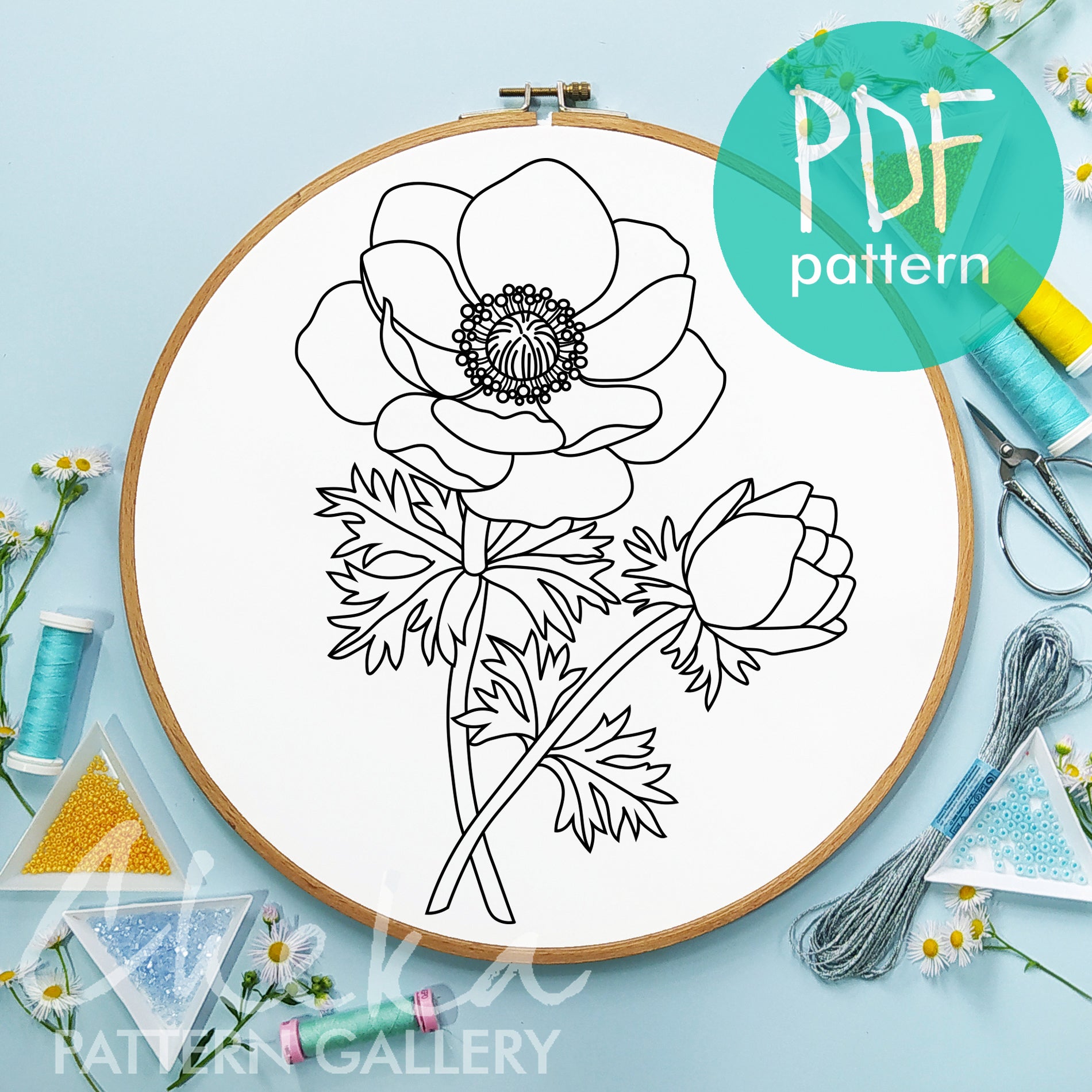 Anemone, Summer flower hand embroidery pattern, Modern hoop art, PDF embroidery template