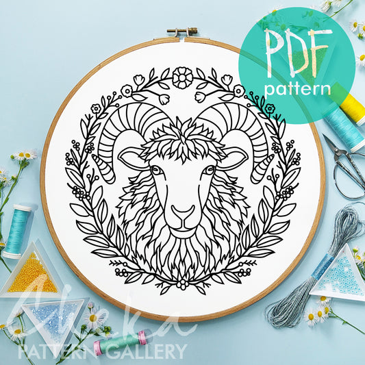 A sheep, pattern for hand embroidery with a ram's head. Design for hand embroidery with bighorn. Curly sheep with flowers, digital download